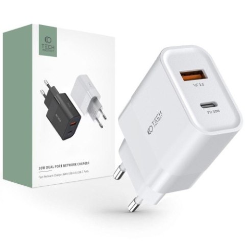 TECH-PROTECT C30W 2-PORT NETWORK CHARGER PD30W/QC3.0 WHITE TECH-PROTECT C30W 2-PORT NETWORK CHARGER PD30W/QC3.0 WHITE