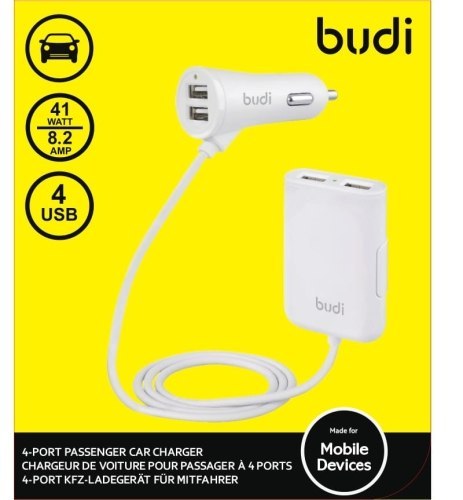 Budi - Ładowarka samochodowa 4x USB, 41W + rozdzielacz na kablu 1,8m (Biały) Budi - Ładowarka samochodowa 4x USB, 41W + rozdzielacz na kablu 1,8m (Biały)