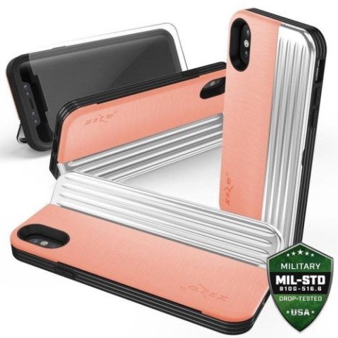 Zizo Retro Series - Etui iPhone Xs / X z kieszenią na karty + podstawka + szkło 9H na ekran (Peach/Silver) Zizo Retro Series - Etui iPhone Xs / X z kieszenią na karty + podstawka + szkło 9H na ekran (Peach/Silver)