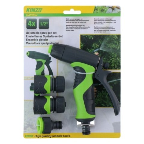 Kinzo - Zestaw do podlewania ogrodu, pistolet z regulacją strumienia plus złączki 1/2" (4 szt.) Kinzo - Zestaw do podlewania ogrodu, pistolet z regulacją strumienia plus złączki 1/2" (4 szt.)