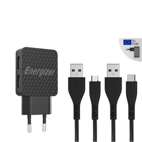 Energizer HardCase - Kompaktowa ładowarka sieciowa 2x USB-A + Kabel USB-C & Micro USB (Czarny) dożywotnia gwarancja Energizer HardCase - Kompaktowa ładowarka sieciowa 2x USB-A + Kabel USB-C & Micro USB (Czarny) dożywotnia gwarancja