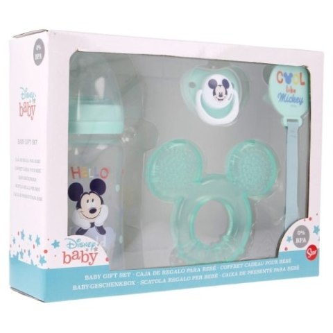 Mickey Mouse - Zestaw dla niemowlaka (butelka za smoczkiem 240ml, smoczek anatomiczny, gryzak, uchwyt na gryzak) (Cool) Mickey Mouse - Zestaw dla niemowlaka (butelka za smoczkiem 240ml, smoczek anatomiczny, gryzak, uchwyt na gryzak) (Cool)