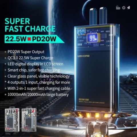 WEKOME WP-325 Vanguard Series - Power bank 20000 mAh Super Charging z wbudowanym kablem USB-C & Lightning PD 20W + QC 22.5W (Cza WEKOME WP-325 Vanguard Series - Power bank 20000 mAh Super Charging z wbudowanym kablem USB-C & Lightning PD 20W + QC 22.5W (Cza