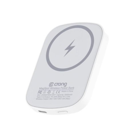 Crong MagSpot Power Bank - Bezprzewodowy power bank ultra slim z MagSafe 5000mAh, USB-C 20W PD (biały) Crong MagSpot Power Bank - Bezprzewodowy power bank ultra slim z MagSafe 5000mAh, USB-C 20W PD (biały)