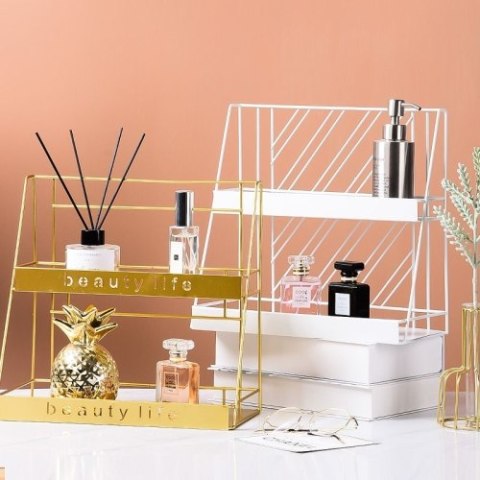 Metalowa, dwupoziomowa półka styl LOFT na kosmetyki BEAUTY LIFE - złota Metalowa, dwupoziomowa półka styl LOFT na kosmetyki BEAUTY LIFE - złota