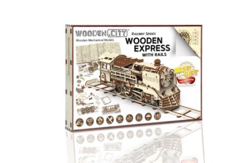 Drewniane Puzzle 3D - Pociąg Woden Express z szynami Drewniane Puzzle 3D - Pociąg Woden Express z szynami